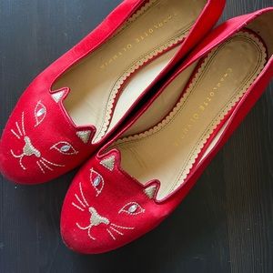 Charlotte Olympia satin red kitty flats